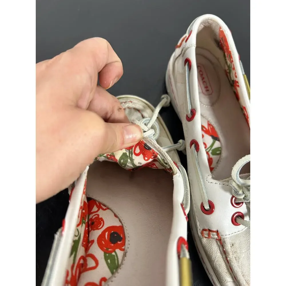 Preowned COACH boat shoe slip on- Sz 6M some overall wear- beige with red accent
